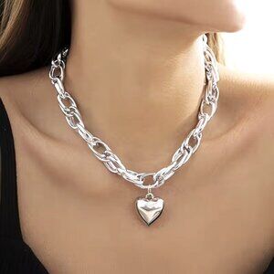 Necklace Chunky Choker Heart Chain Bold Silver Sexy Exaggerated Statement Trendy